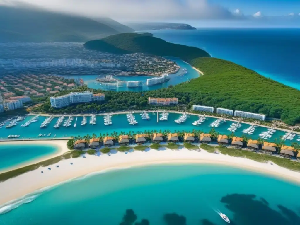 Costa turquesa: ciudad costera lujosa y vibrante Un paisaje costero vibrante con hoteles de lujo, marinas llenas de yates y una playa prístina