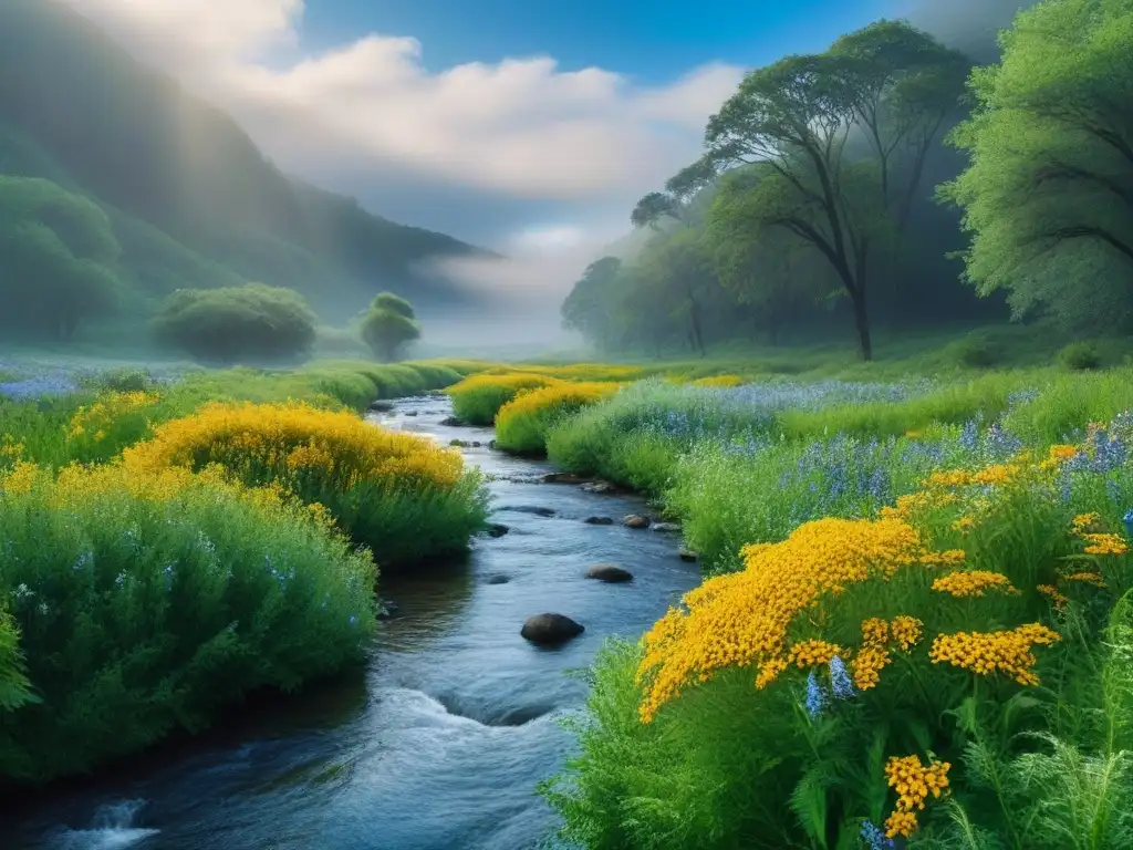 Renacimiento verde: naturaleza resurge tras desastre Un paisaje exuberante postdesastre, con árboles nativos restaurados y flores silvestres
