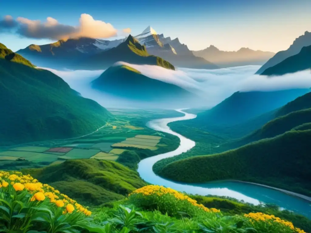 Paraíso natural: rivera cristalina y flora exuberante en alta resolución Un paisaje virgen con exuberante vegetación, río cristalino y montañas imponentes