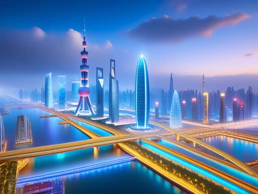 Ciudad futurista: inversión inmobiliaria global en la Ruta de la Seda Un paisaje futurista de alta tecnología para inversión inmobiliaria internacional con rascacielos y transporte avanzado