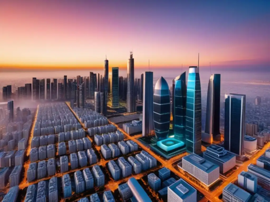 Futurismo urbano: ciudad tech en atardecer Un paisaje futurista de una ciudad al atardecer, con rascacielos y tecnología avanzada, simbolizando la valor inversión inmobiliaria Big Data