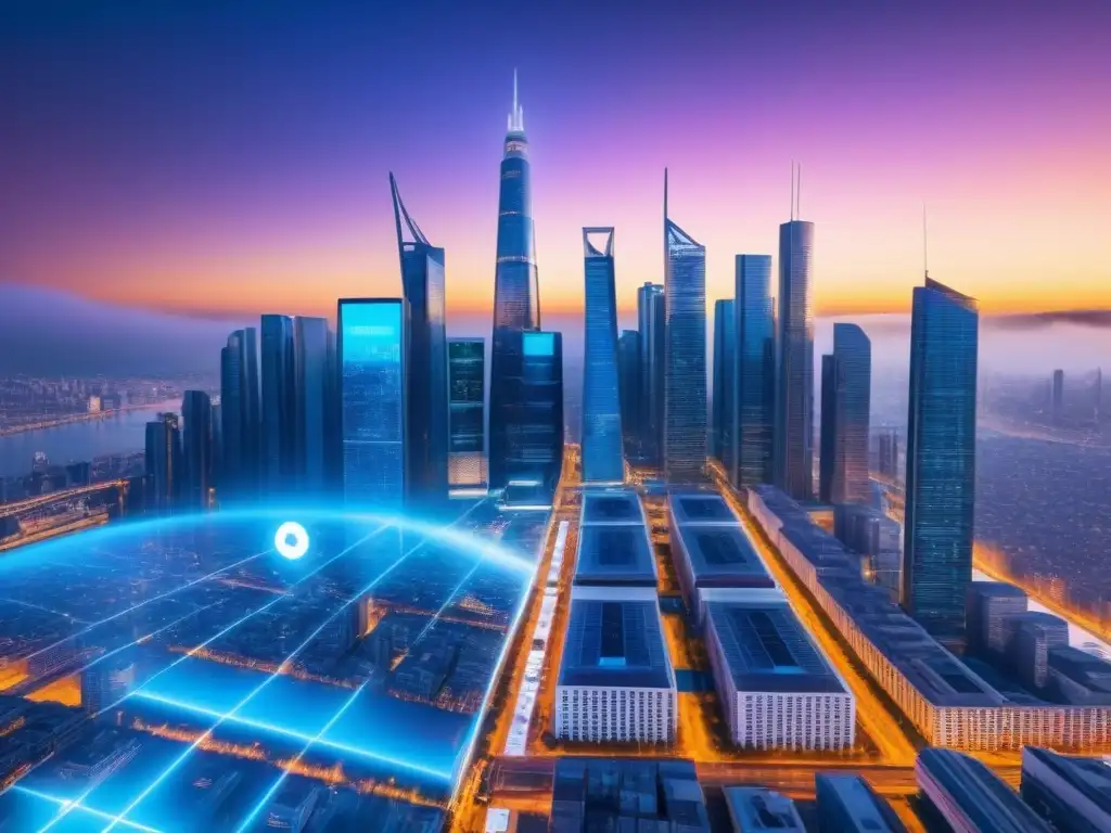 Metrópolis futurista: inversión inmobiliaria y criptomonedas Un paisaje futurista de una ciudad con rascacielos y pantallas digitales mostrando datos de criptomonedas en tiempo real
