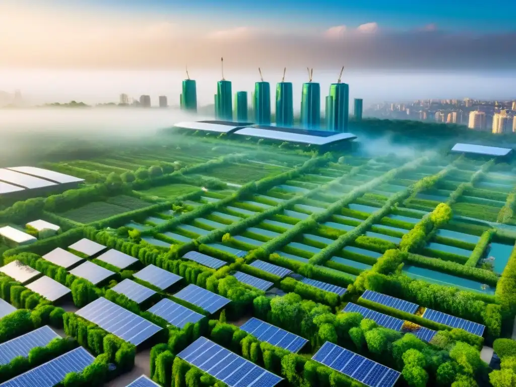 Metrópolis sostenible del futuro: edificios verdes y jardines en azoteas Un paisaje futurista de una ciudad sostenible con edificios verdes, paneles solares y jardines en azoteas, ejemplificando la inversión sostenible en el mercado inmobiliario