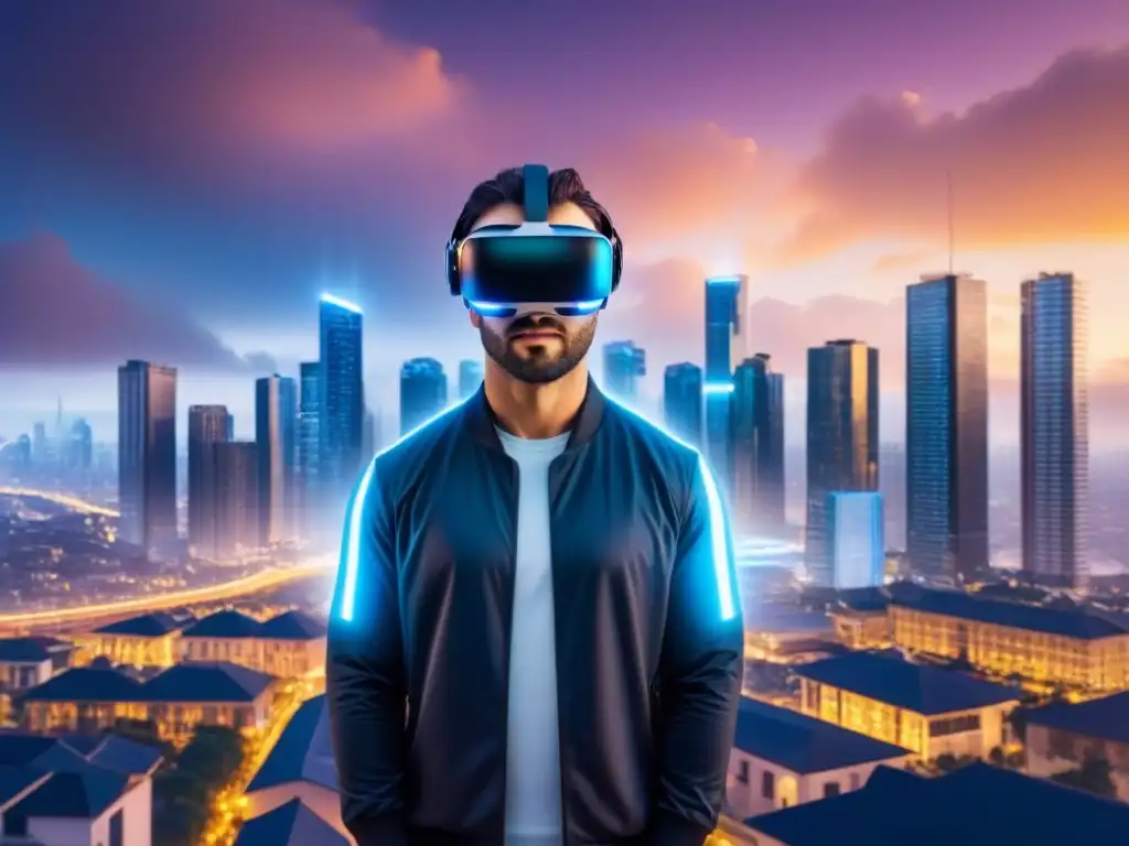 Inversión inmobiliaria y criptomonedas en realidad virtual futurista Un paisaje futurista digital con inversionistas, bienes raíces, criptomonedas y una comunidad conectada en realidad virtual