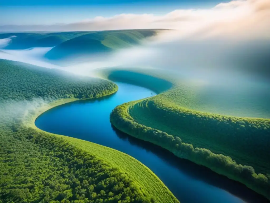Panorama natural: colinas, bosques y río bajo cielo azul Un paisaje impresionante de terrenos sin desarrollar internacional, con colinas, bosques y un río serpenteante bajo un cielo azul