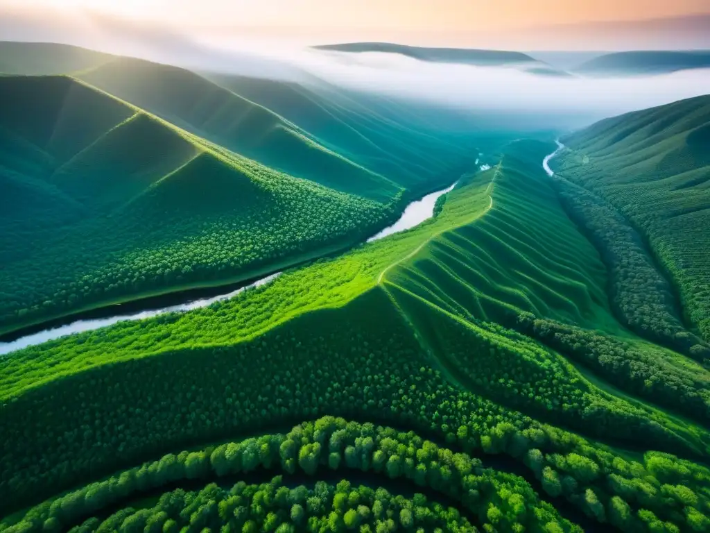 Tierra virgen: belleza natural y potencial sin explotar Un paisaje impresionante de terrenos sin desarrollar internacionales, con colinas, bosques verdes y río serpenteante