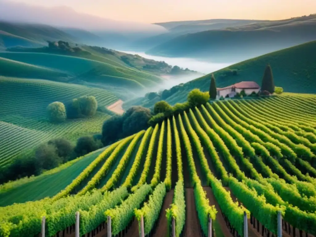 Viñedos dorados al atardecer: belleza y serenidad en región vinícola Un paisaje vinícola impresionante con viñedos, bodegas elegantes y un río sereno reflejando el cielo