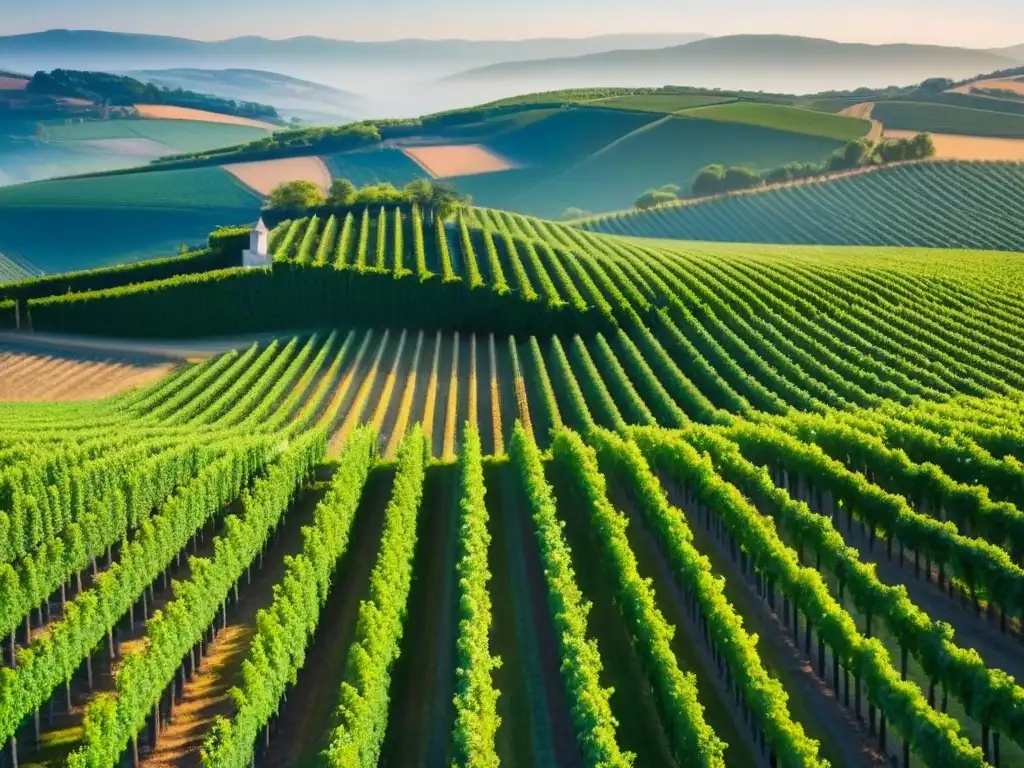 Viñedos exuberantes y moderna bodega: inversión internacional en vinos Un paisaje impresionante de viñedos exuberantes con un viñedo moderno al fondo