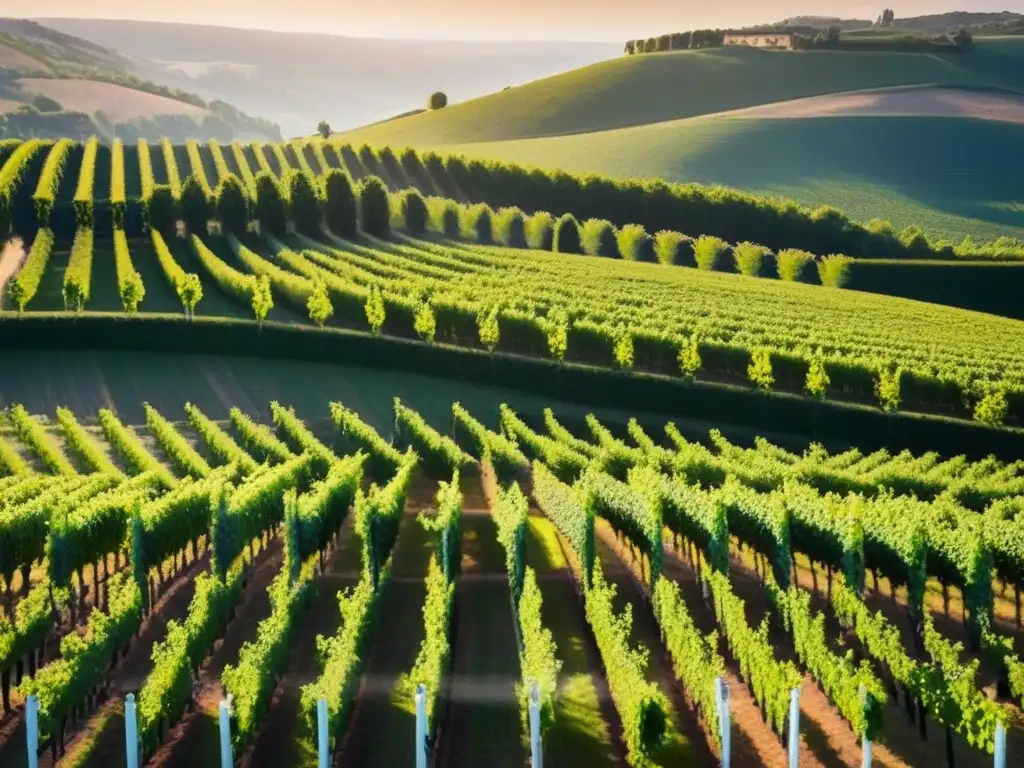 Viñedos de lujo: belleza dorada y frutos maduros Un paisaje impresionante de viñedos exuberantes bajo el sol dorado, rodeados de colinas y un castillo, reflejando lujo y tradición
