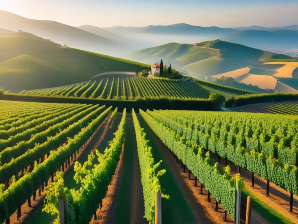 Viñedos dorados: belleza y riesgos de invertir en la industria vinícola Un paisaje impresionante de viñedos internacionales, con hileras de uvas verdes bajo el sol dorado y montañas alrededor