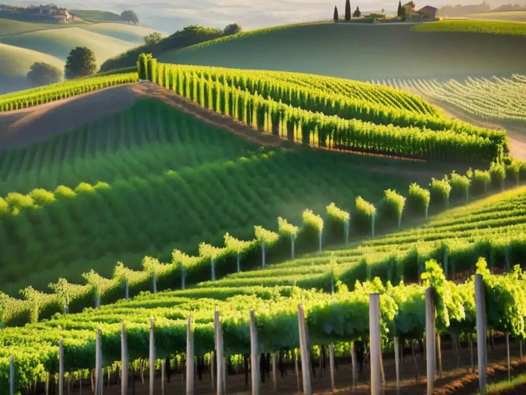 Viñedos de lujo al atardecer: inversión enología Un paisaje impresionante de viñedos organizados, bañados por el sol al atardecer