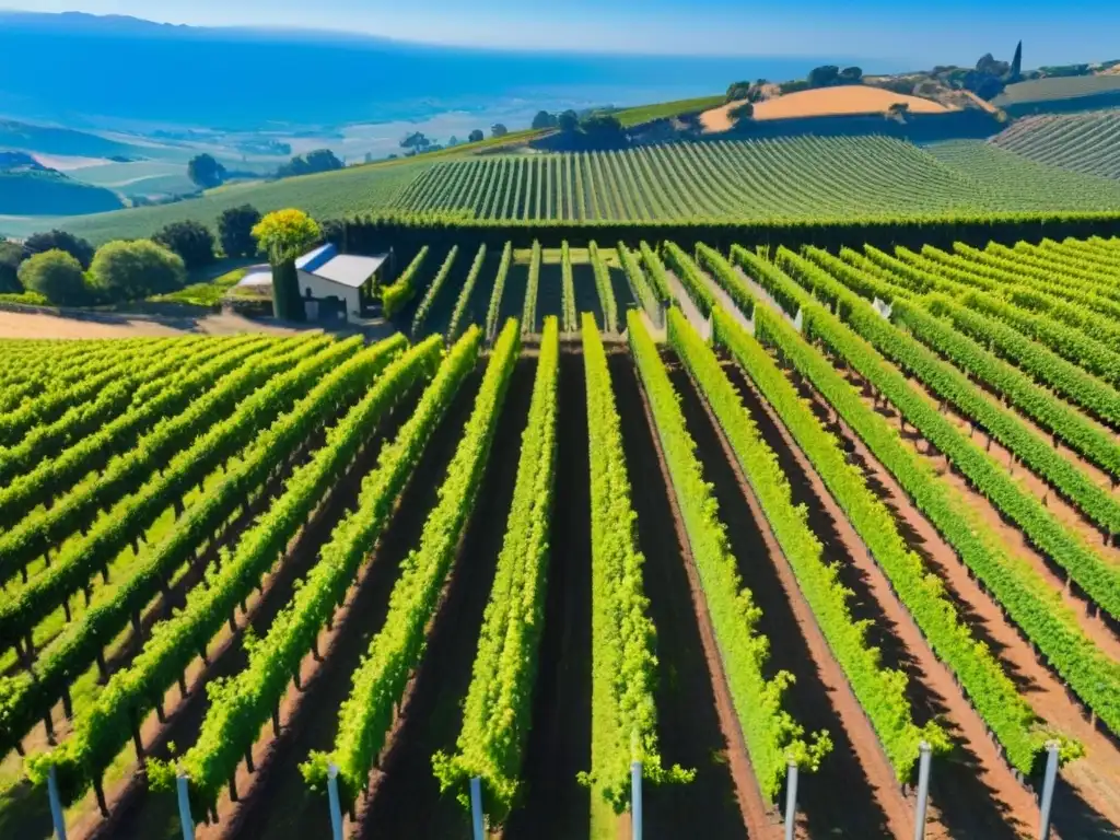 Viñedos sostenibles: belleza y modernidad en la industria vitivinícola Un paisaje impresionante de viñedos bajo el sol, con bodegas modernas y trabajadores