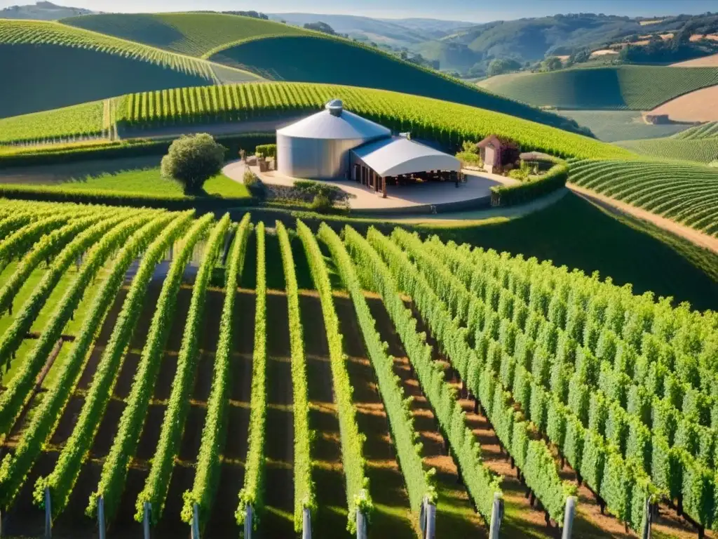 Inversión en viñedos y bodegas: tradición e innovación Un paisaje impresionante de viñedos verdes con bodega moderna