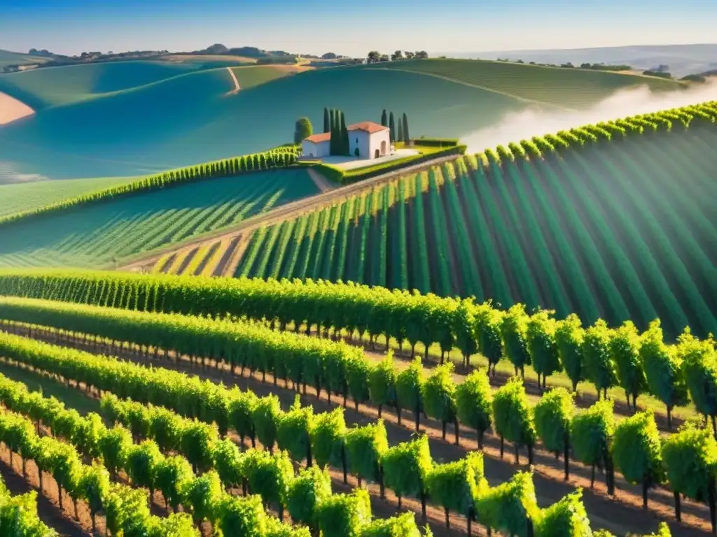 Viñedos exuberantes y moderna bodega: inversión internacional Un paisaje impresionante de viñedos verdes en colinas, con filas de uvas bajo el cielo azul