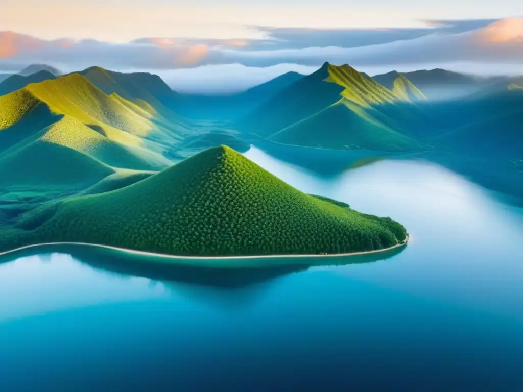 Atardecer mágico: colinas verdes y aguas cristalinas Un paisaje inmaculado de colinas verdes y aguas turquesa, bañado por la cálida luz del sol poniente