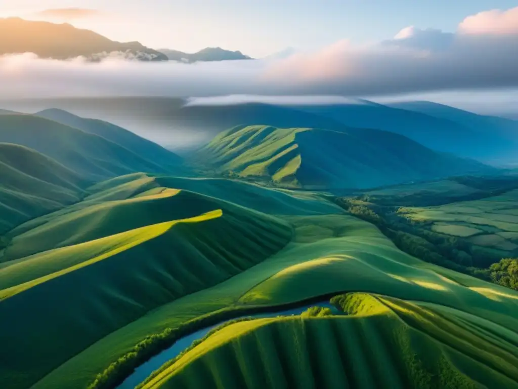 Paisaje virgen: potencial infinito de tierras sin explotar Un paisaje inmaculado de tierras sin desarrollar, con colinas, río y montañas al fondo