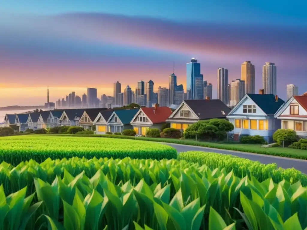 Inversiones Inmobiliarias: Protección con Símbolos de Divisas Un paisaje inmobiliario diverso protegido contra fluctuaciones cambiarias, con símbolos de intercambio brillantes