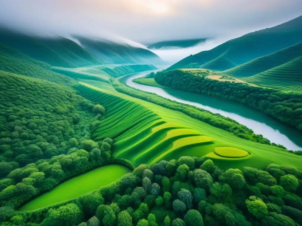 Tierra virgen: belleza natural en paisaje sereno Un paisaje natural impresionante con colinas, vegetación exuberante y un río serpenteante