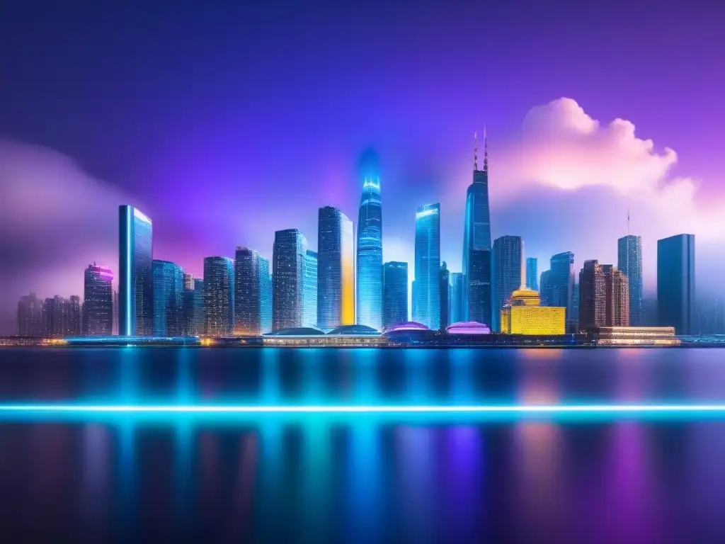 Un paisaje nocturno futurista de una ciudad iluminada por luces de neón y proyecciones holográficas de gráficos financieros