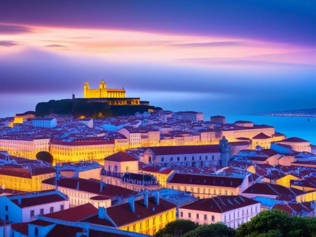 Panorámica de Lisboa al atardecer: fusión arquitectónica a orillas del Tajo Paisaje panorámico de Lisboa al atardecer, mezclando arquitectura histórica y rascacielos modernos junto al río Tajo