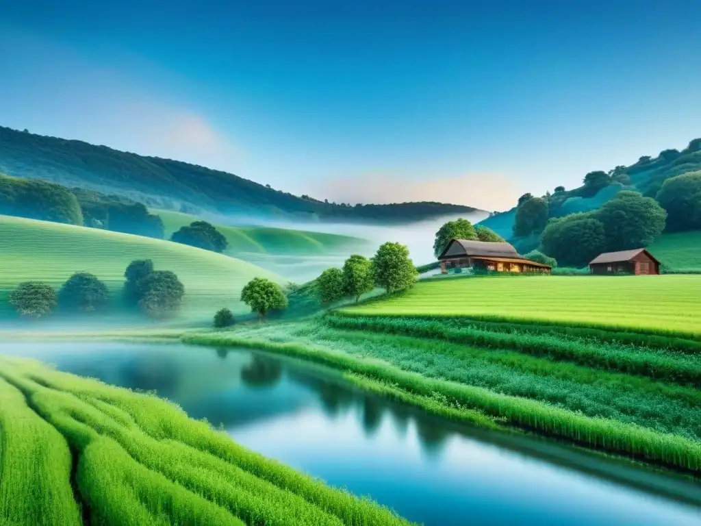 Refugio rural sostenible en paisaje verde: inversión global Paisaje rural con colinas verdes, lago sereno y casa sostenible entre árboles altos