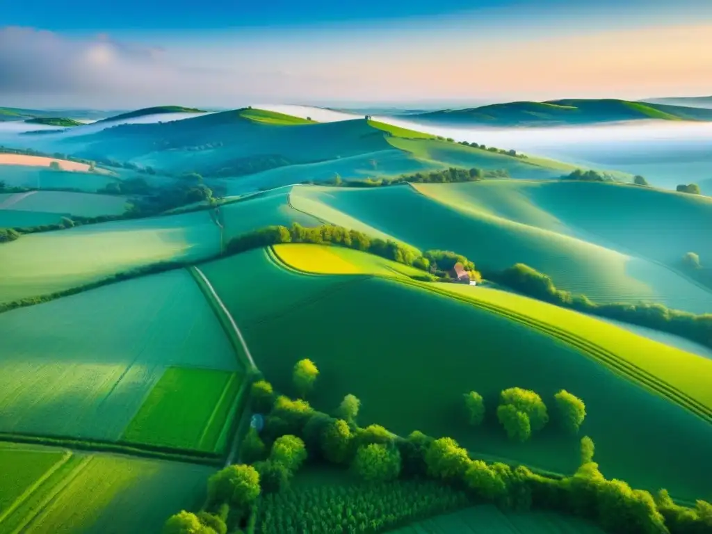 Encantador paisaje rural: colinas, campos y pueblo en armonía Un paisaje rural con colinas verdes, campos vibrantes y un pueblo rural, reflejando la tendencia inmobiliaria en mercados rurales