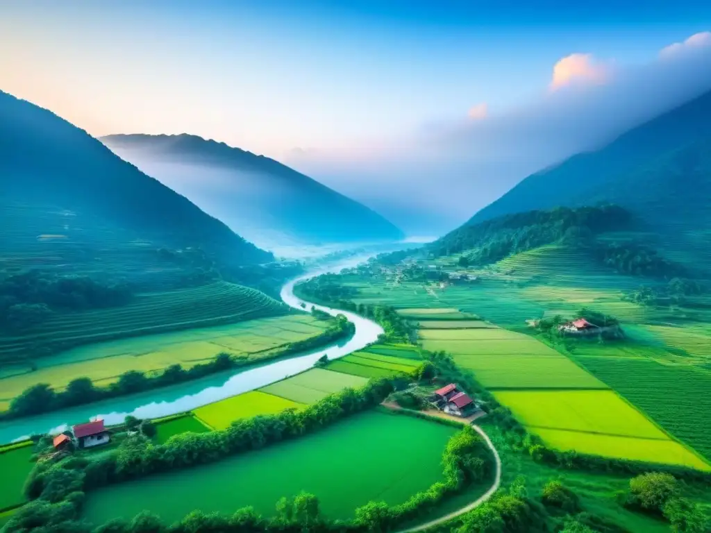 Idílica vista aérea: valles verdes, ríos y cabañas en la naturaleza Paisaje rural encantador con valles verdes, ríos serpenteantes y cabañas pintorescas bajo un cielo azul