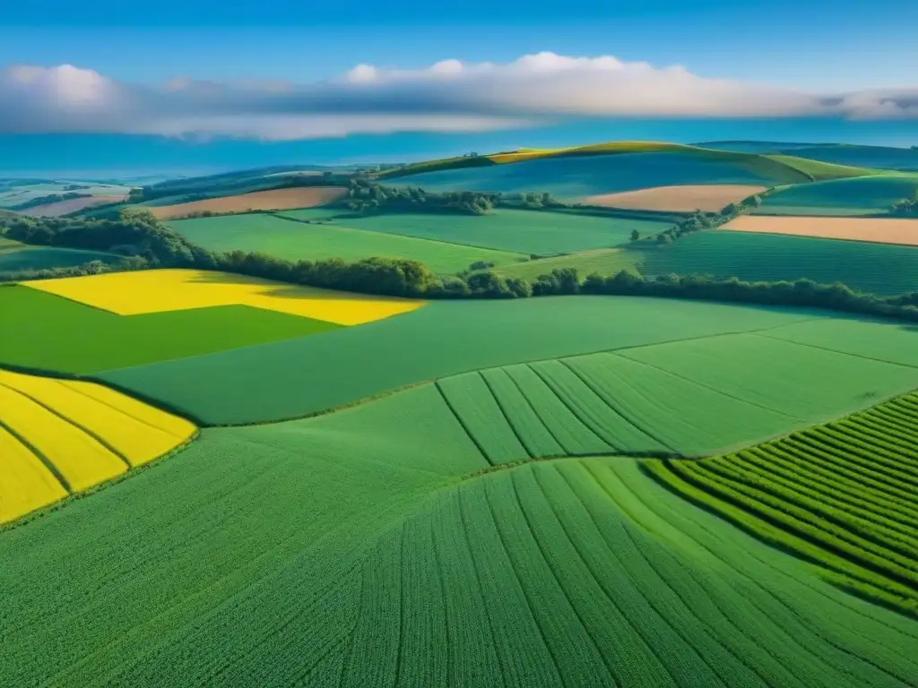 Inversión inmobiliaria rural: paisaje verde y sereno Un paisaje rural exuberante con colinas ondulantes, campos de cultivo vibrantes y granjas dispersas bajo un cielo azul claro