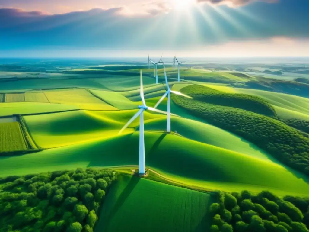 Armonía tecnológica y natural en paisaje rural verde Un paisaje rural exuberante con paneles solares, molinos de viento y torres de internet, mostrando la fusión de tecnología y naturaleza