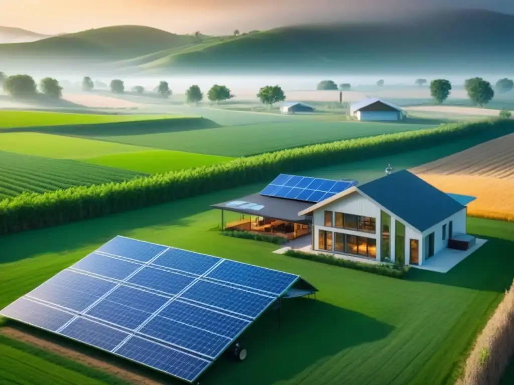 Visión futurista: Arquitectura sostenible integrada en paisaje rural Un paisaje rural futurista con arquitectura sostenible integrada en la naturaleza, proyectando el mercado inmobiliario rural