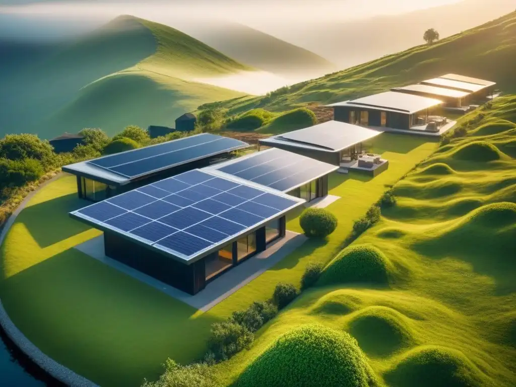 Hogares sostenibles en paisaje rural futurista Paisaje rural futurista con casas sostenibles integradas en la naturaleza