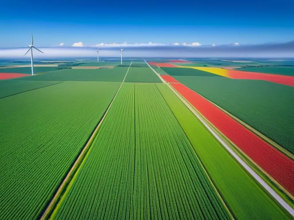 Vista aérea detallada de granja verde con molinos de viento modernos Paisaje rural en Norteamérica con granjas, molinos de viento y campos verdes, ideal para el mercado inmobiliario rural Norteamérica