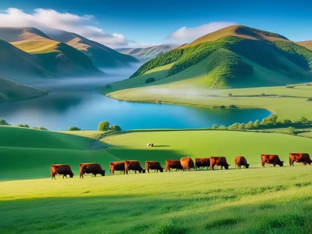 Inversión rural en Norteamérica: paisaje campestre en 8K Paisaje rural en Norteamérica con inversiones inmobiliarias rurales en mente: colinas verdes, lago sereno, granja rústica y ganado pastando