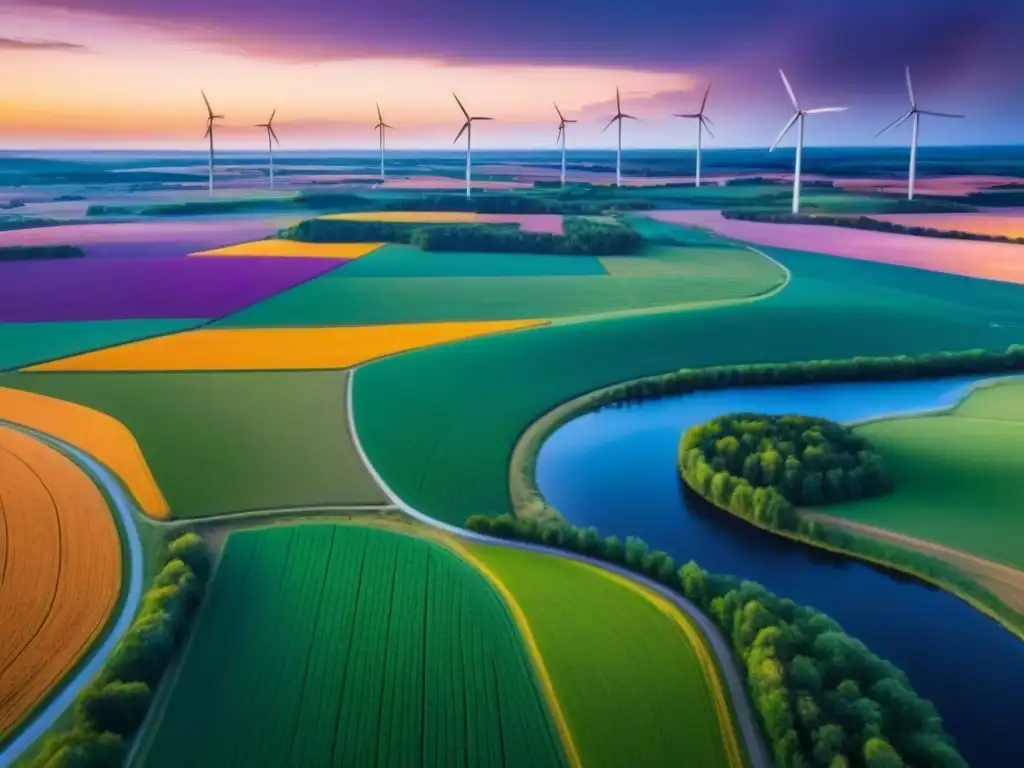 Paisaje rural norteamericano al atardecer con molinos eólicos Paisaje rural norteamericano al atardecer con campos verdes, río y molinos de viento, simbolizando la tecnología en zonas rurales global