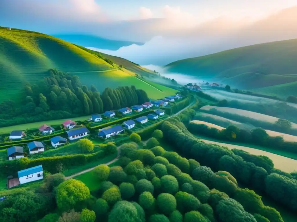 Encanto rural: Inversiones en turismo rural Un paisaje rural pintoresco con cabañas encantadoras y vegetación exuberante, ideal para inversores en turismo rural mercado inmobiliario