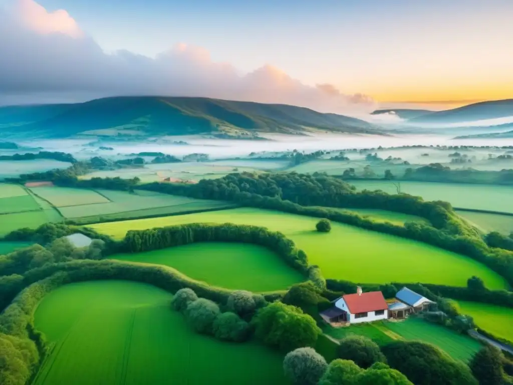 Propiedades rurales: diversidad arquitectónica en paisajes verdes Un paisaje rural pintoresco en Norteamérica con propiedades de diversos estilos arquitectónicos, colinas y río