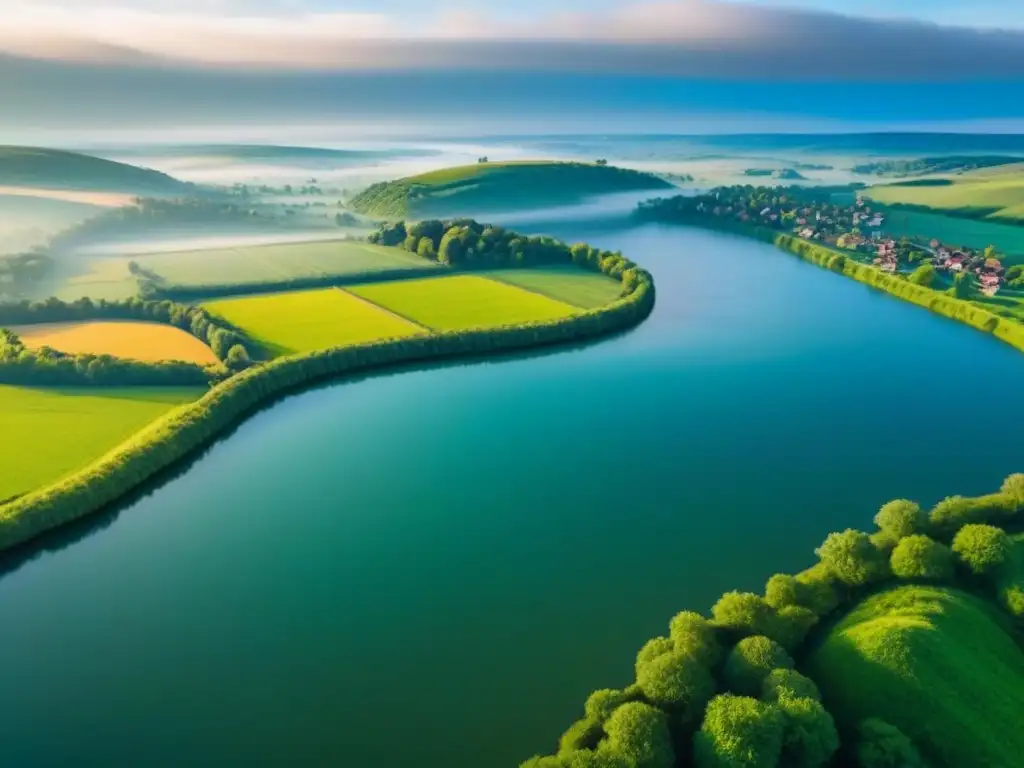 Horizonte rural verde: ¡descubre la serenidad de América del Norte! Paisaje rural sereno en Norteamérica, con colinas verdes, ríos y casas rurales
