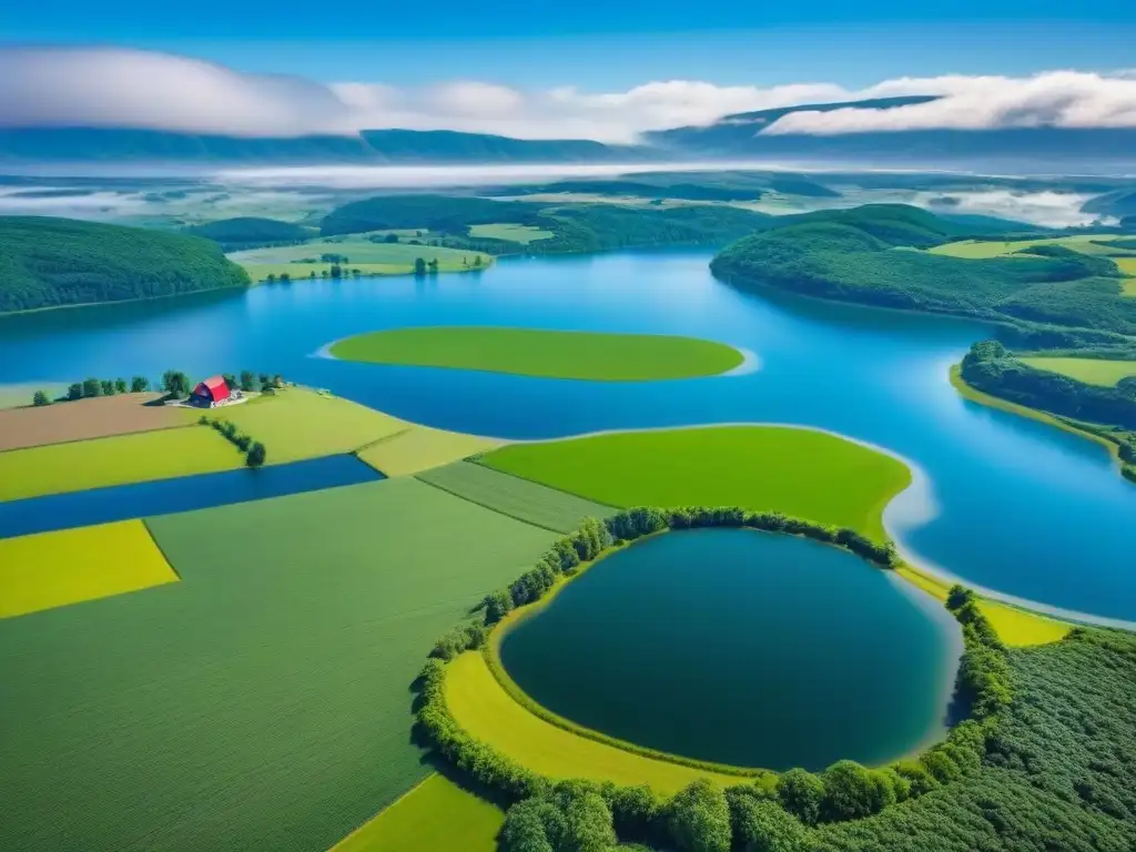 Paraíso rural: granja con lago y bosque en América del Norte Paisaje rural sereno con granja roja junto al lago, ideal para inversiones inmobiliarias rurales en Norteamérica
