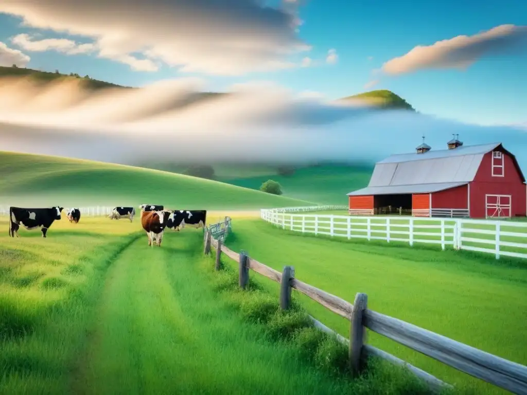 Paisaje rural idílico en América del Norte: inversión inmobiliaria Paisaje rural sereno en Norteamérica con granja, vacas y cerca de madera