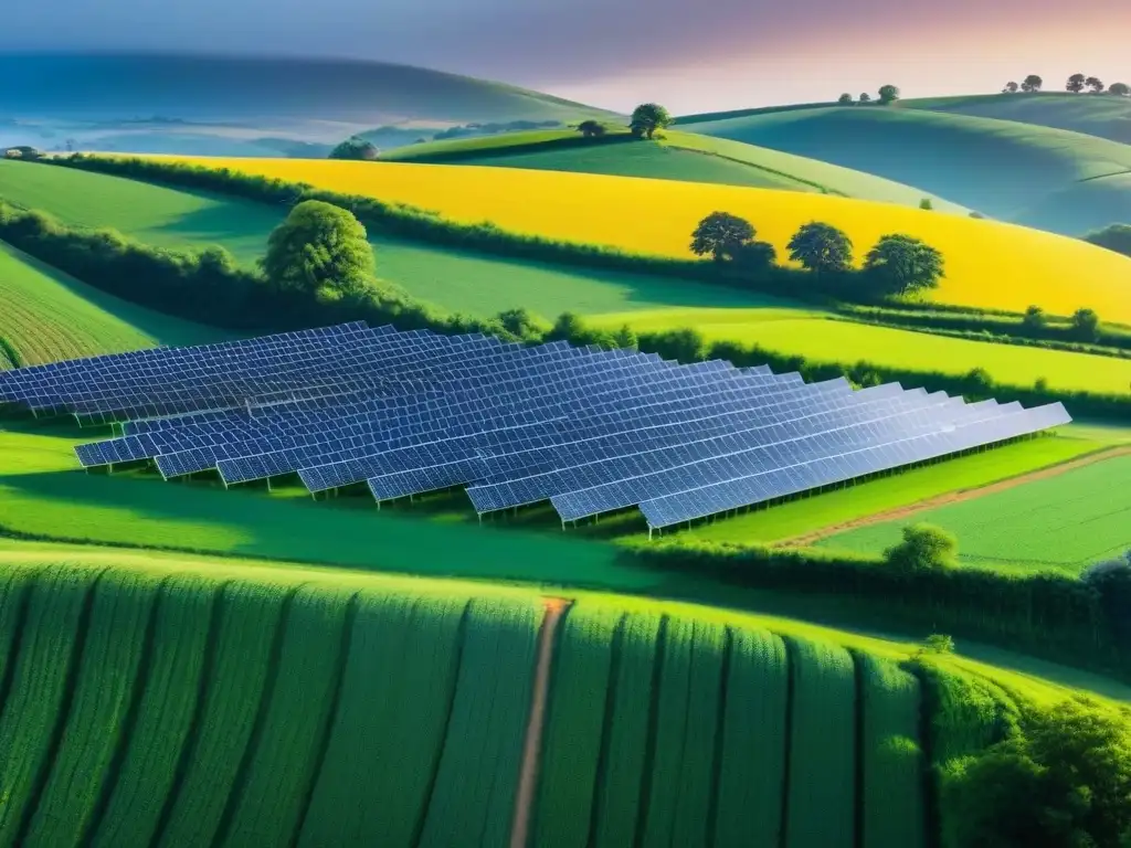 Paisaje rural sostenible al atardecer: colaboración y desarrollo eco Un paisaje rural sostenible al atardecer con paneles solares y molinos de viento