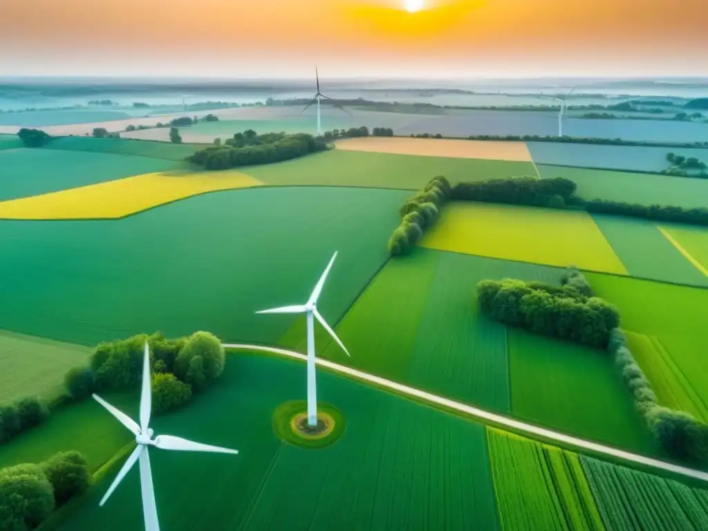 Paisaje rural sostenible: molinos de viento al atardecer Un paisaje rural sostenible con molinos de viento, bañado por la cálida luz dorada del atardecer