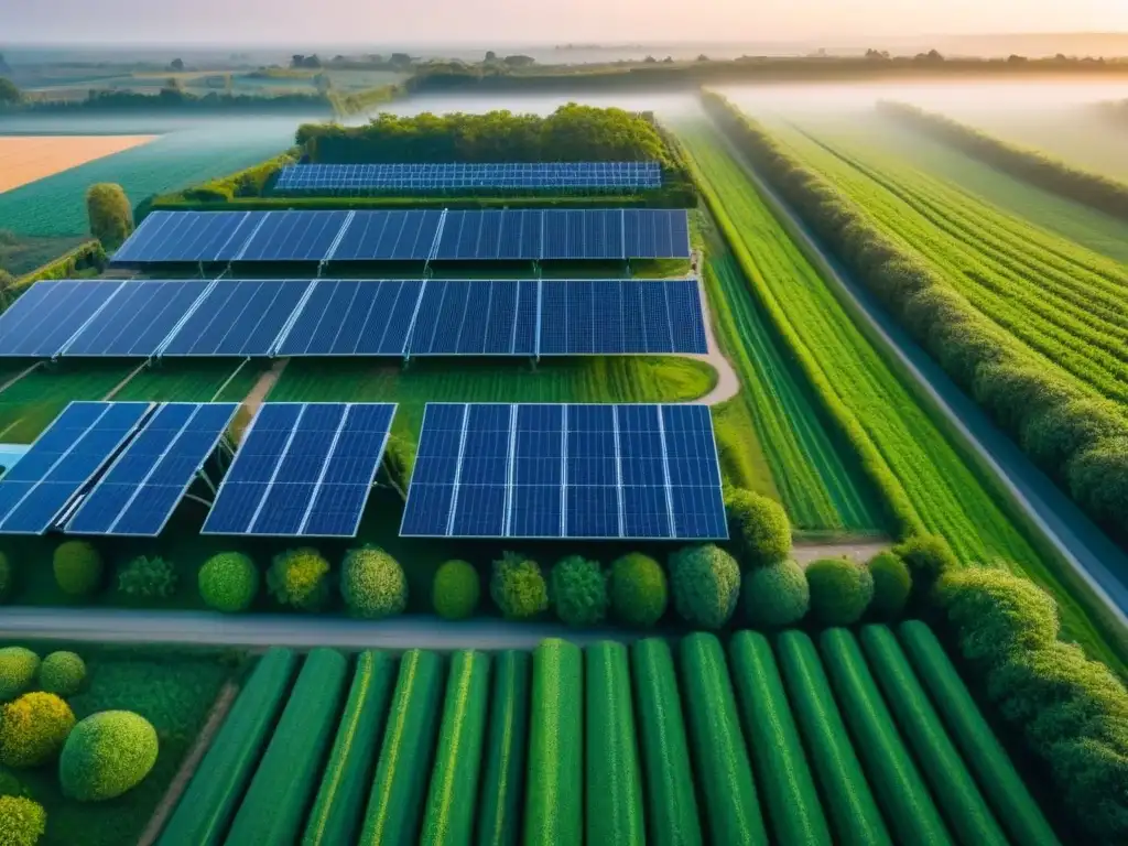 Desarrollo rural sostenible: ecovecindarios en armonía con la naturaleza Un paisaje rural sostenible con paneles solares, turbinas eólicas y jardines comunitarios