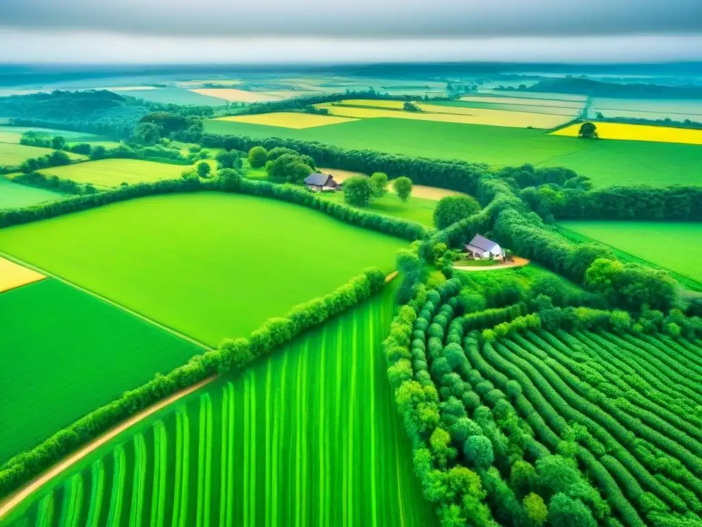 Oportunidades en el mercado rural: paisajes verdes y casas rurales Un paisaje rural verde exuberante con casas dispersas y un río serpenteante