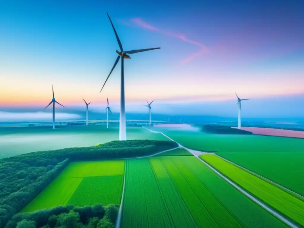 Campo verde y molino eólico: fusión natural y tecnológica en Norteamérica Un paisaje rural vibrante con un molino de viento moderno, simbolizando la fusión de tecnologías sostenibles en desarrollos rurales de Norteamérica