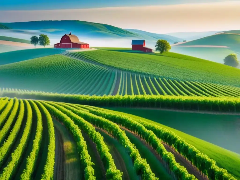 Vinedos y granjas: armonía rural en Norteamérica Paisaje rural en Norteamérica con viñedos verdes y granja moderna, reflejando desarrollo inmobiliario rural