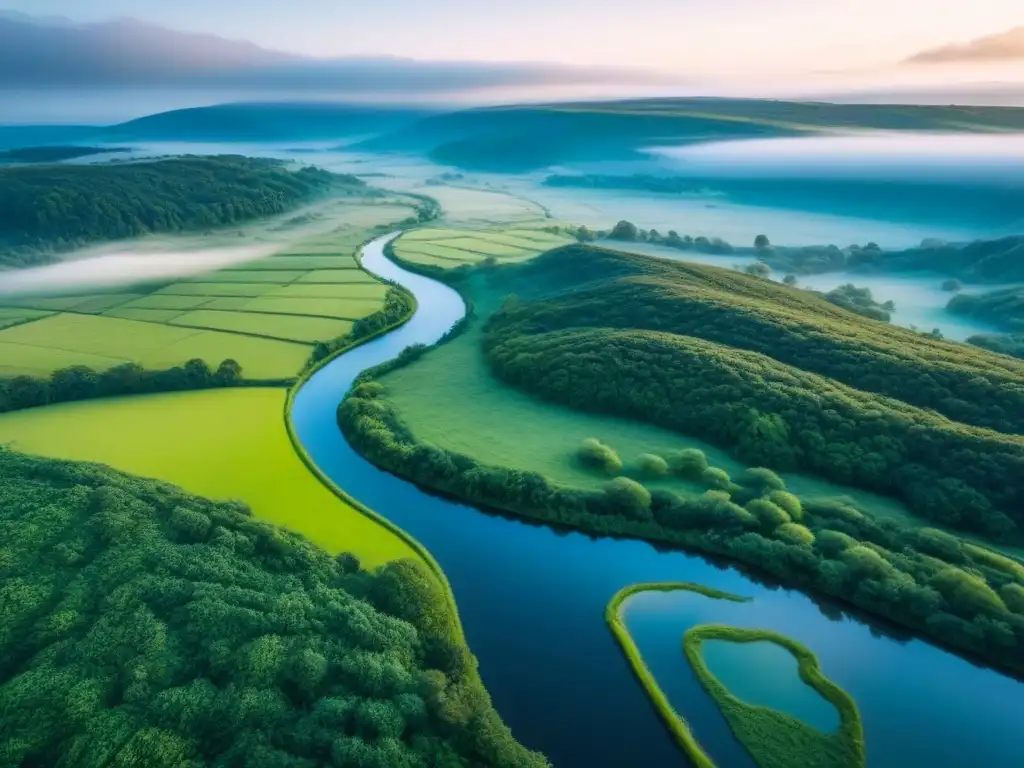 Tierras vírgenes: potencial natural y oportunidades de inversión Un paisaje sereno y lleno de potencial para invertir en terrenos sin desarrollar, con bosques, colinas y praderas bajo un cielo azul claro