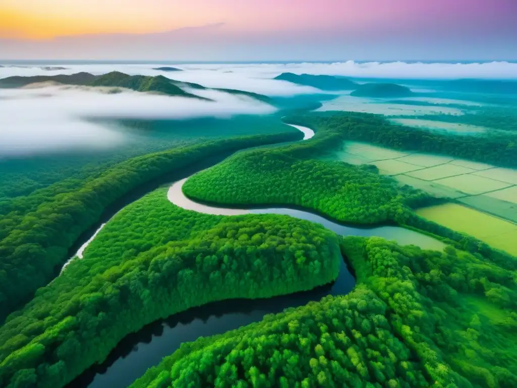Inversión en tierras vírgenes: belleza y potencial Un paisaje sereno y prometedor de terrenos sin desarrollar, con río cristalino bajo la luz dorada del atardecer
