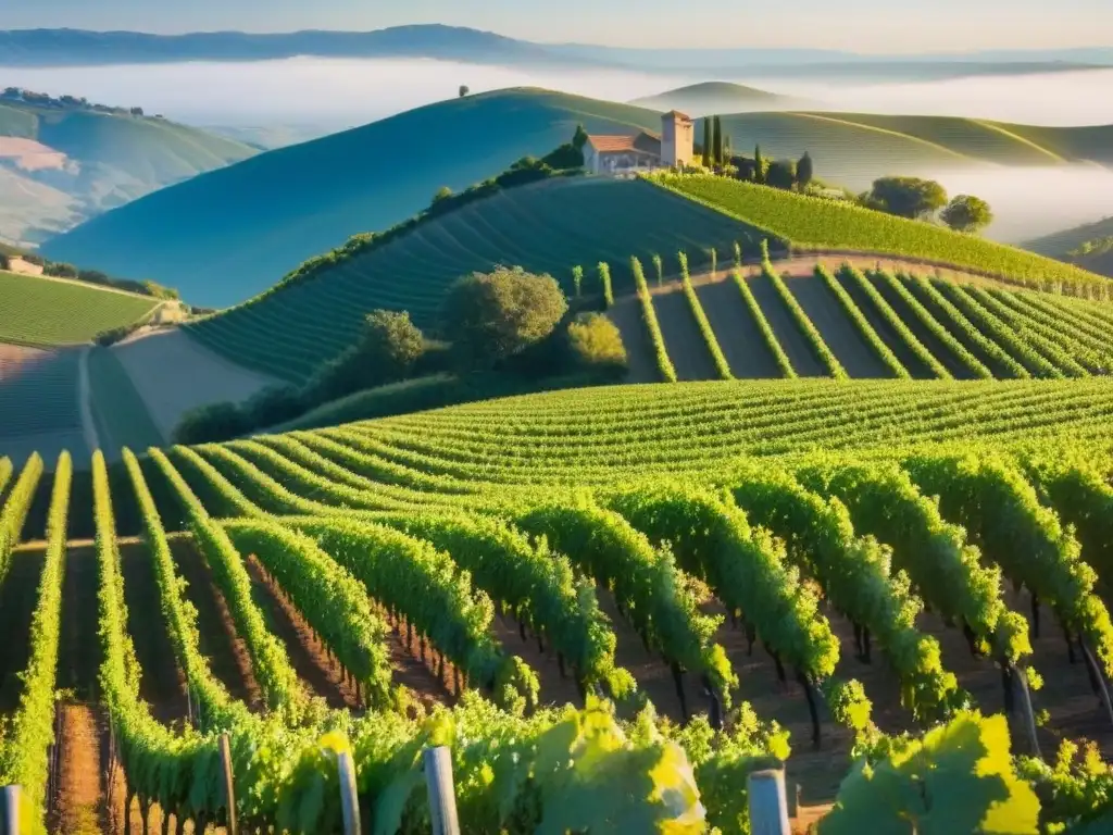 Viñedos exuberantes: atractivo para inversores internacionales Un paisaje sereno de viñedos verdes interminables bajo el sol, ideal para inversionistas globales en bodegas internacionales