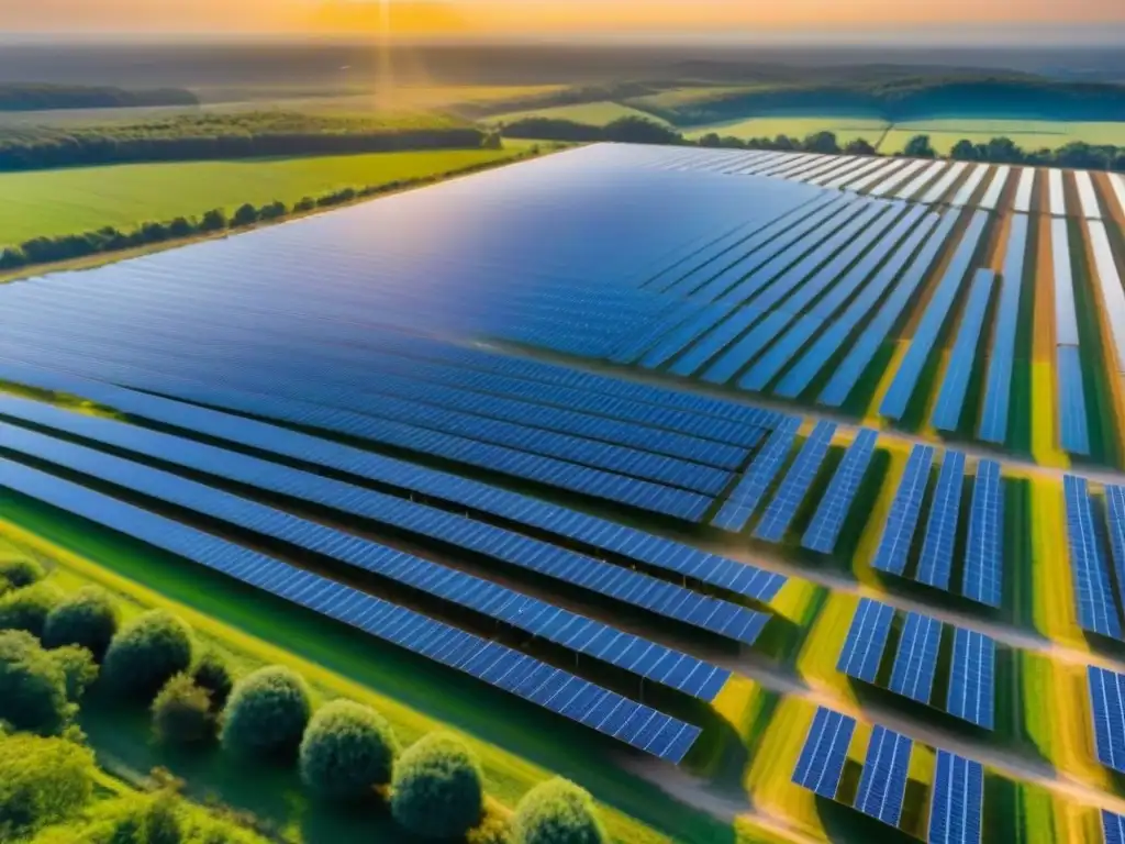 Granja solar brillante: energía sostenible en Norteamérica Un paisaje solar vibrante y sostenible con paneles brillantes bajo el cielo azul