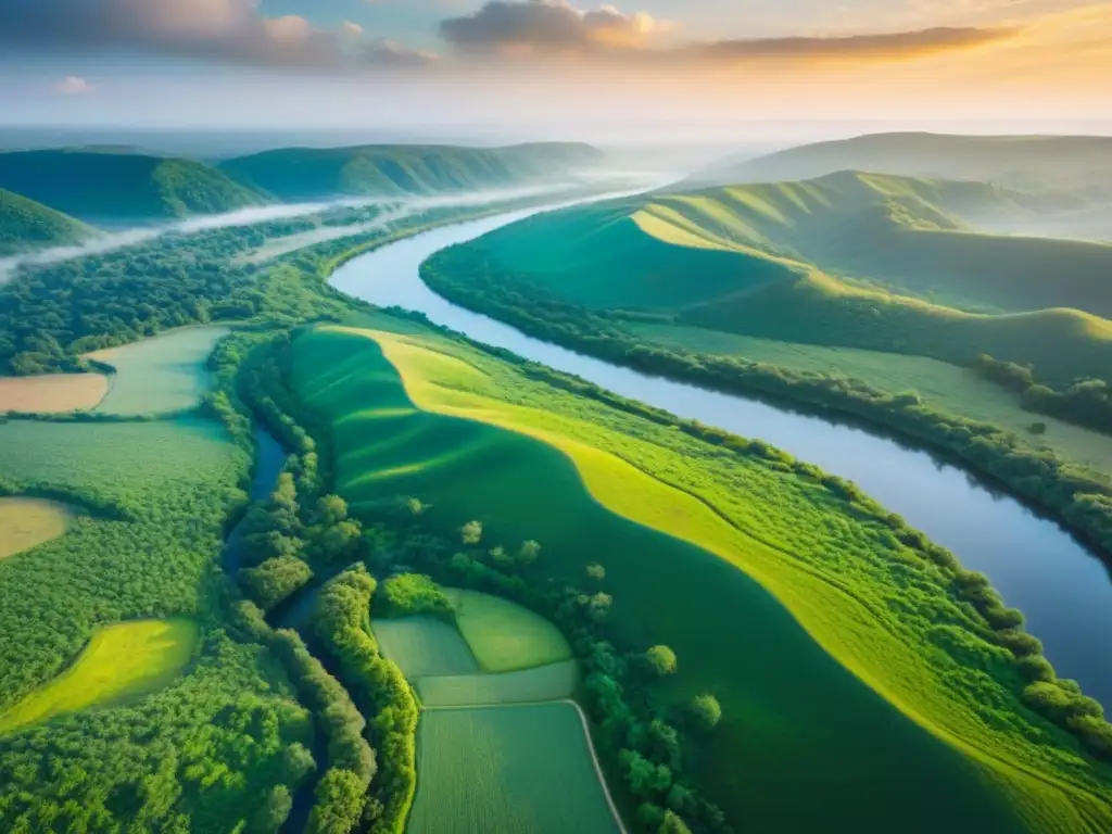 Oportunidad de inversión: Tierras vírgenes al atardecer Paisaje de terrenos sin desarrollar: colinas, bosques verdes y río